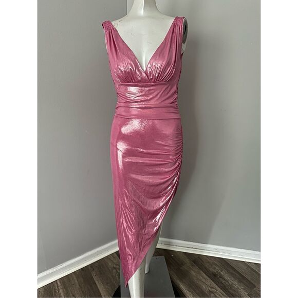 NWT Norma Kamali Shirred V-neck Asymmetric Tara Side Drape Gown Candy Pink Small - Picture 5 of 14